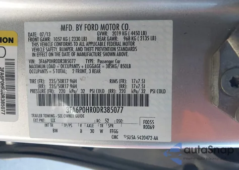 2013 Ford Fusion Se from USA, damaged, VIN 3FA6P0HR0DR385077